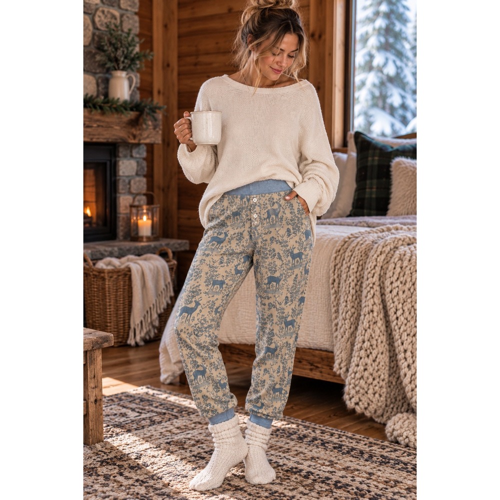 Intimately Free People Blue Deer Toile Waffle Knit Thermal Pajama Jogger Pants M